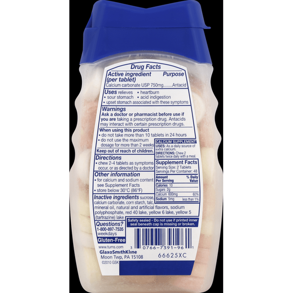 Tums Extra Strength label — Calcium carbonate 750mg