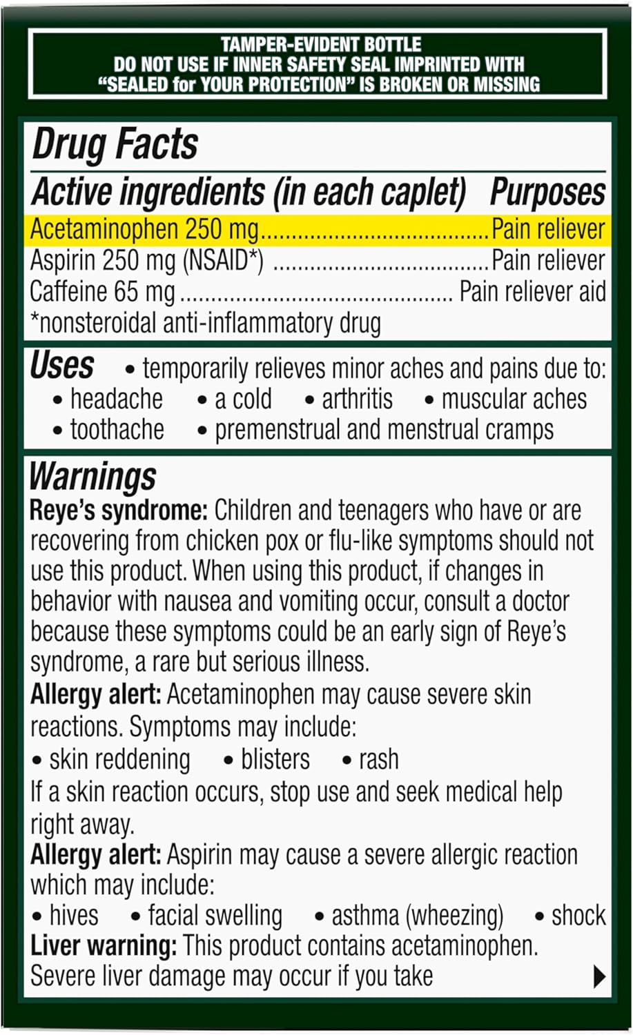 Excedrin Extra Strength and Tylenol Regular Strength labels side by side